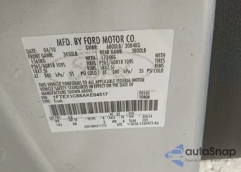 2010 Ford F-150 Fx2 Sport/Stx/Xl/Xlt z USA, uszkodzony, nr VIN 1FTEX1C88AKE04517